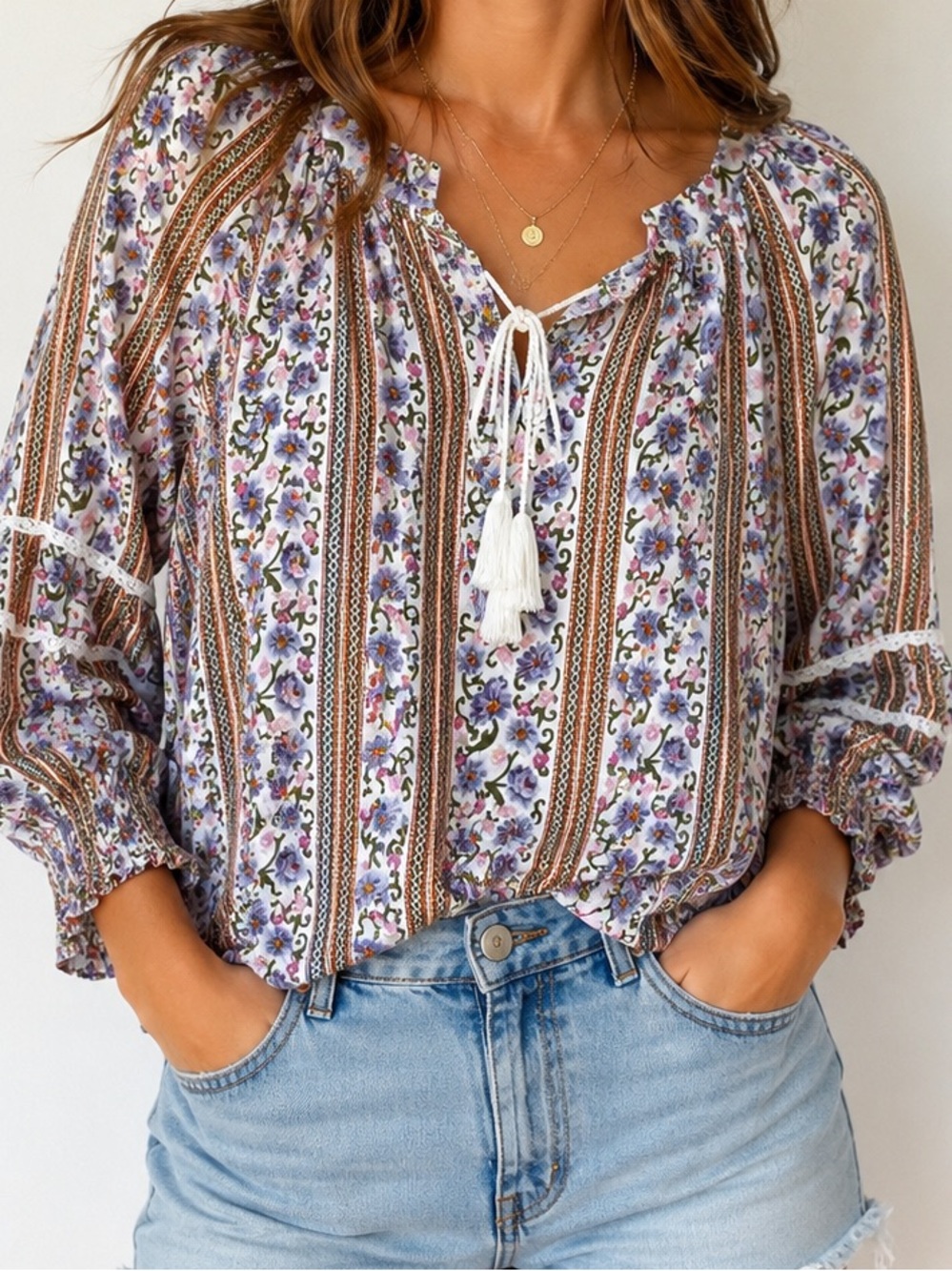 Jane + Delancey Lavender Floral Peasant Blouse Boho Tassel Tie Top Small